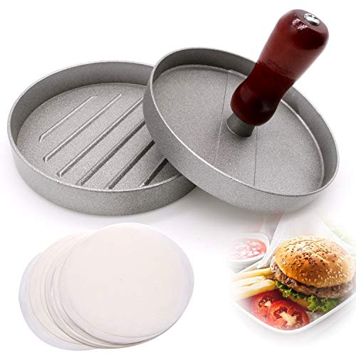 GLORHA 2 X 11.5 cm Pressa per Hamburger in Alluminio Stampo per Hamburger Antiaderente 100 Carta Antiaderente per Patty BBQ Cucina 